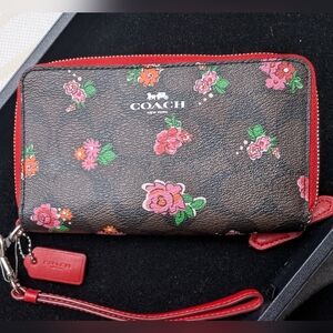 Coach Brown Floral Zip Wristlet with Red Trim